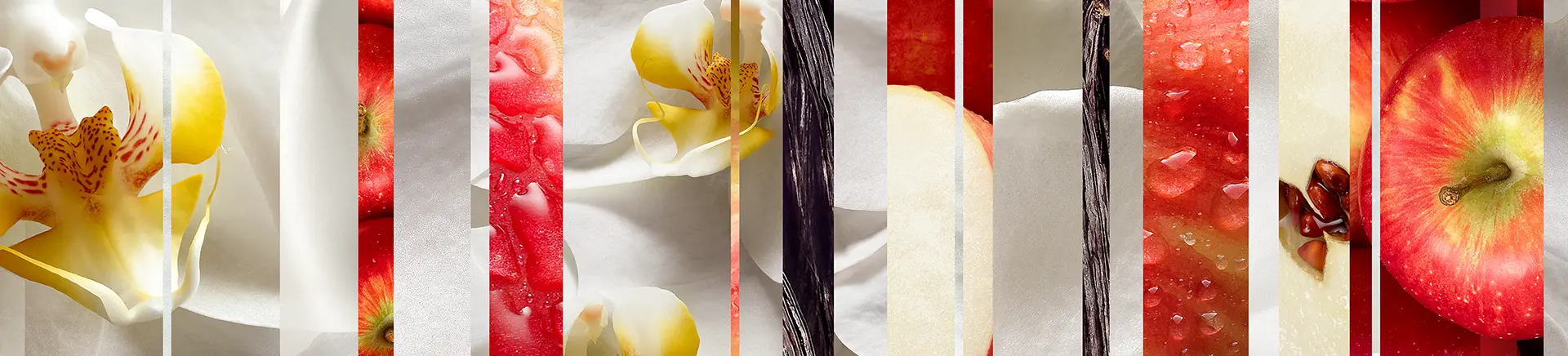 Orchid petals and apple slices are arranged in vertical strips, interspersed with close-ups of vanilla beans and dewy red apple surfaces, creating a collage against a soft white background.