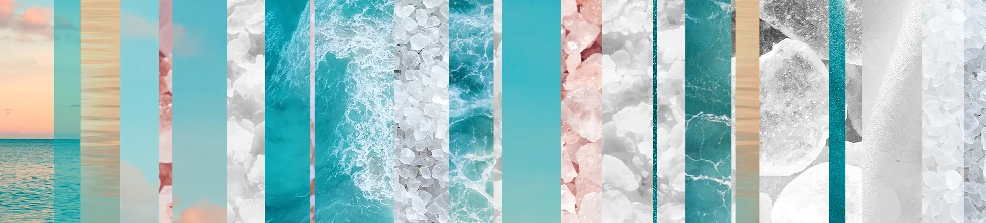 Strips of different ocean views, textures, and colors are arranged side-by-side, creating a harmonious collage. Each section features elements like waves, salt crystals, or serene water scenes.