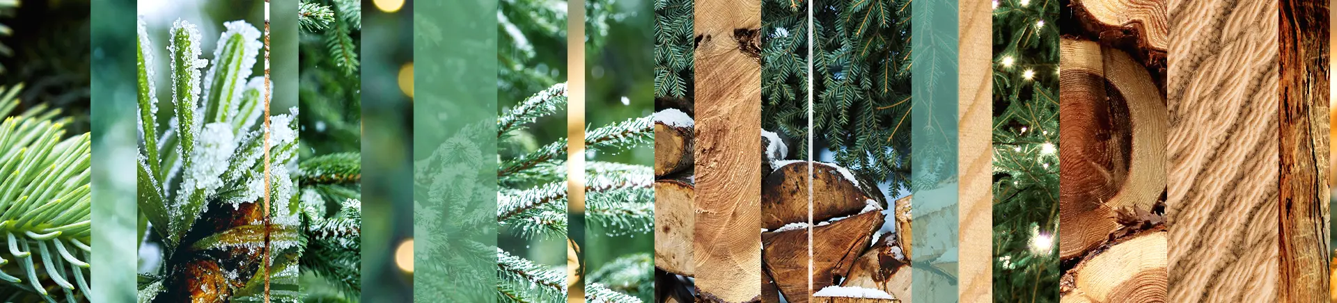 Tree branches and logs are segmented into vertical strips, showing snow-dusted evergreen needles, cut logs with visible rings, and twinkling lights, creating a wintery and festive atmosphere.