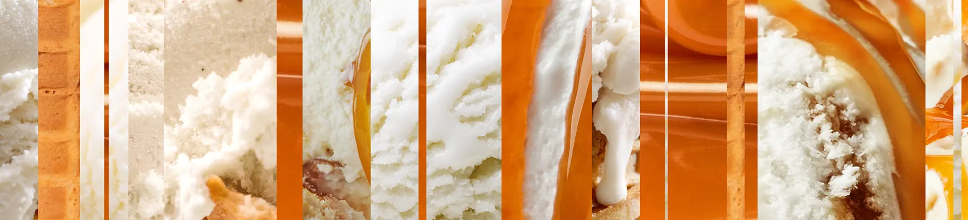 Various slices of vanilla ice cream with caramel drizzles and waffle texture are arranged in vertical strips, creating a collage effect against an orange background.