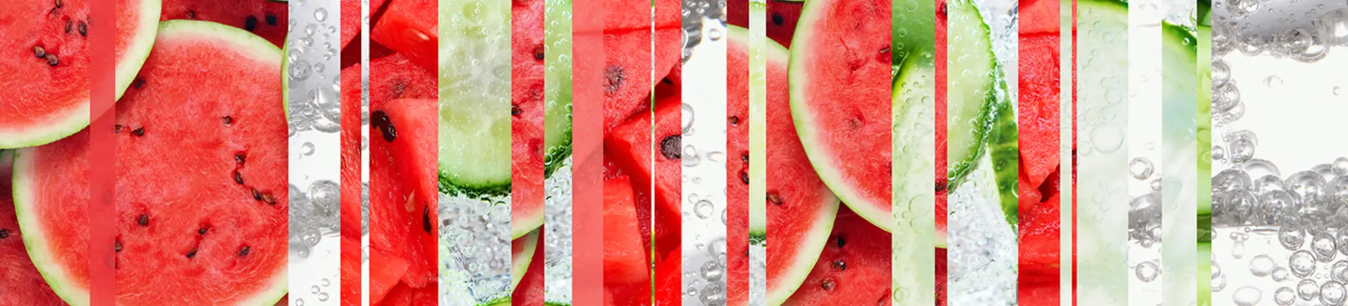 Vibrant collage of watermelon slices, cucumbers, and clear bubbly water.