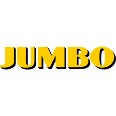 Jumbo-supermarktlogo met de vetgedrukte gele hoofdletters ‘JUMBO’ met een zwarte schaduw op een lichte achtergrond.
