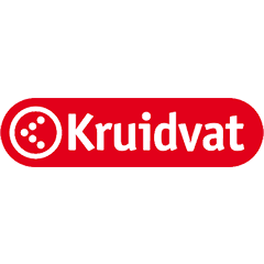 Kruidvat-logo met witte tekst "Kruidvat" in een rood afgerond rechthoek, met een rond pictogram op een lichte achtergrond.