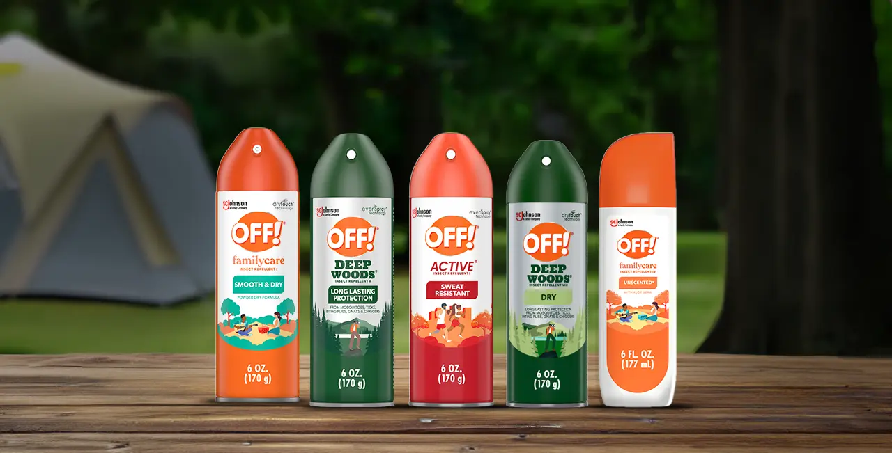 Collection of OFF! DEET products with a camping tent in the background