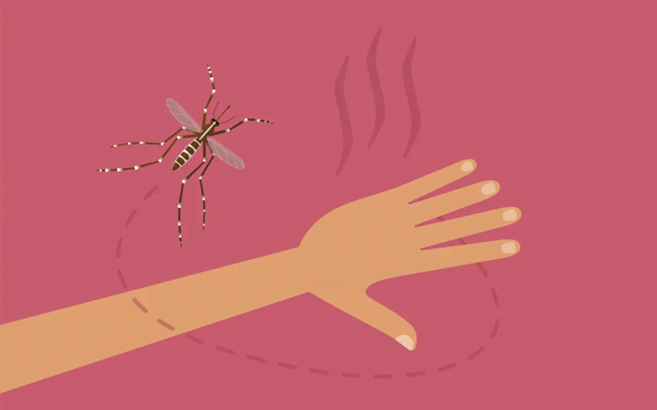 Una imagen ilustrada de un mosquito volando alrededor de un brazo