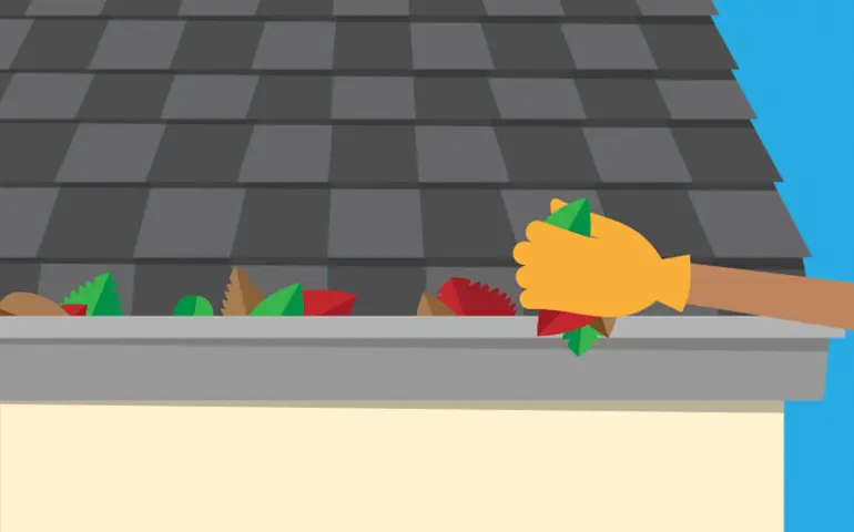 Illustrated image of leaves being cleaned from gutters