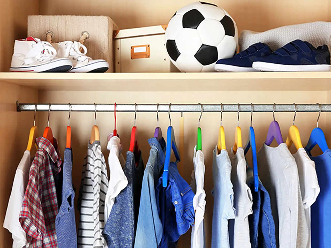 Un armario con ropa, zapatos y accesorios para niños
