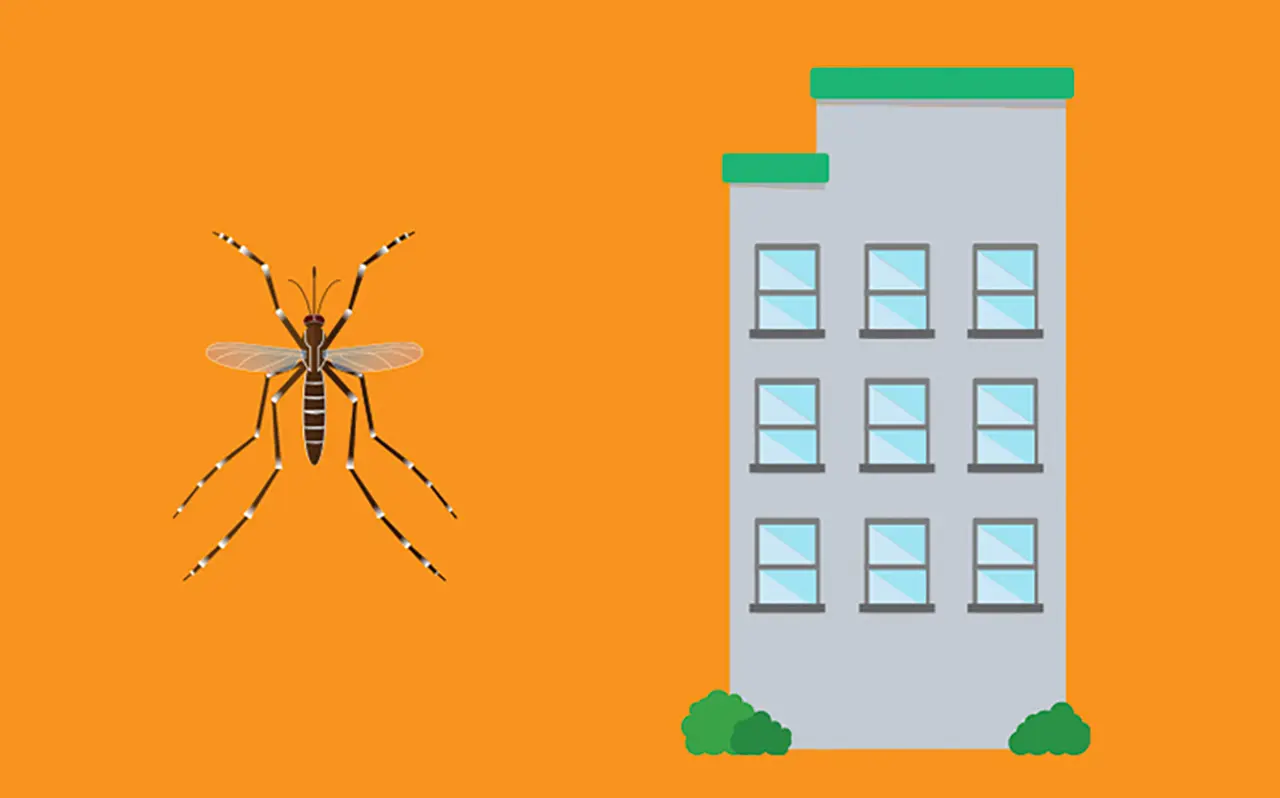 Ilustración de un mosquito y edificio alto uno al lado del otro