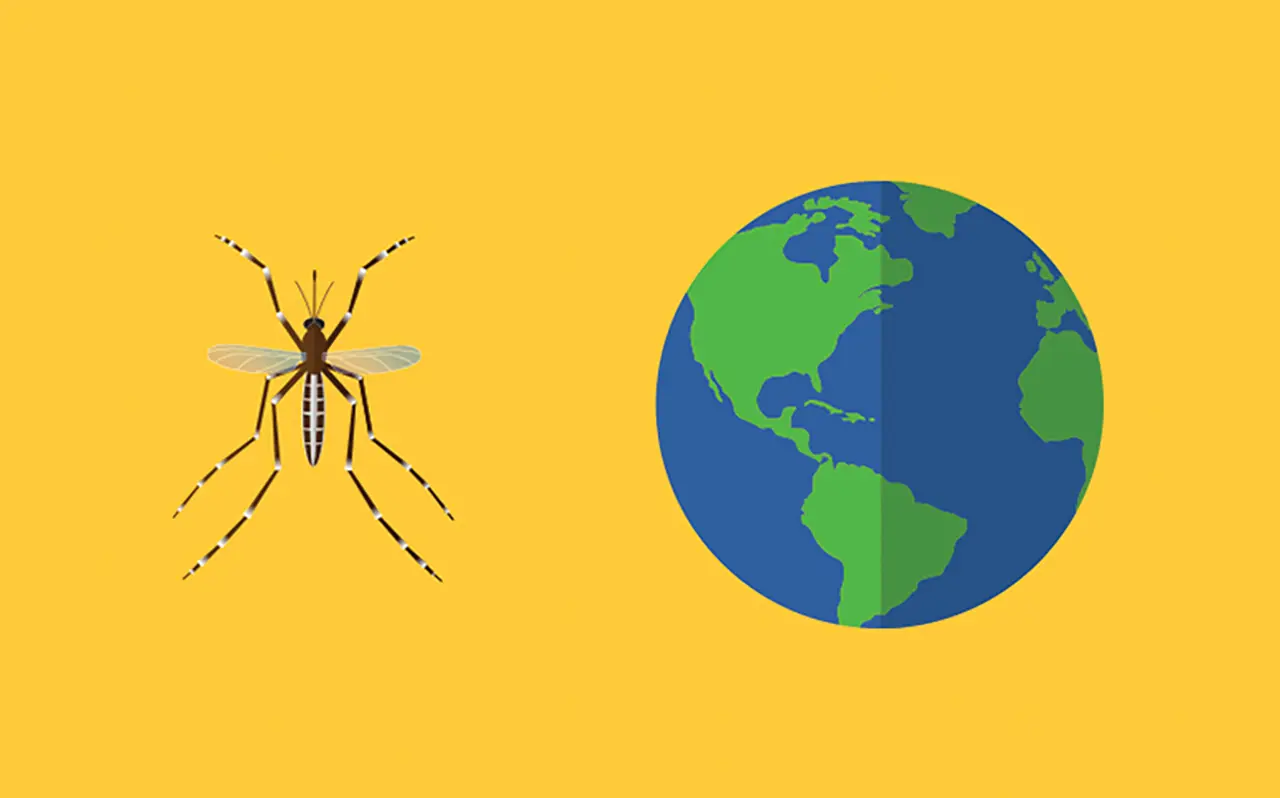 Ilustración de un mosquito y un globo terráqueo uno al lado del otro