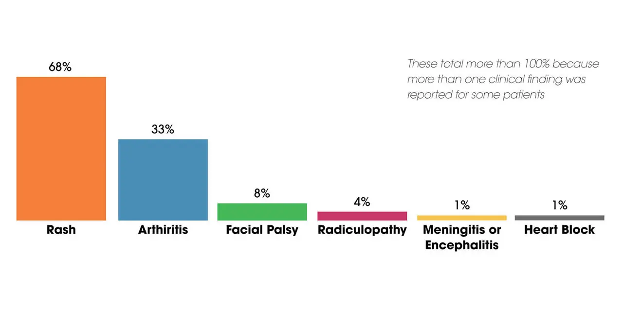 Graph of symptoms, rash 58%, arthritis 33%, facial palsy 8%, radiculopathy 4%, meningitis or encephalitis 1%, heart block 1%