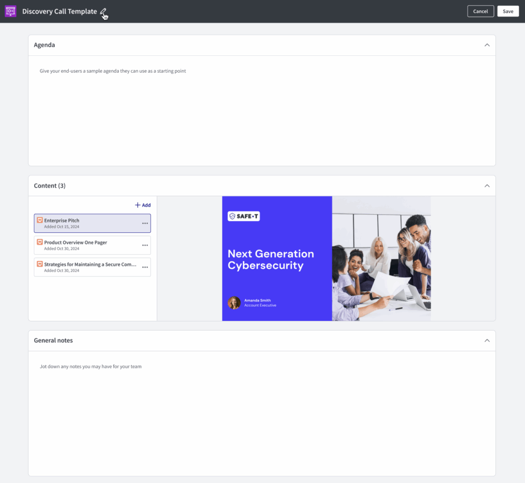 Product Screenshot: Meeting template application workflow