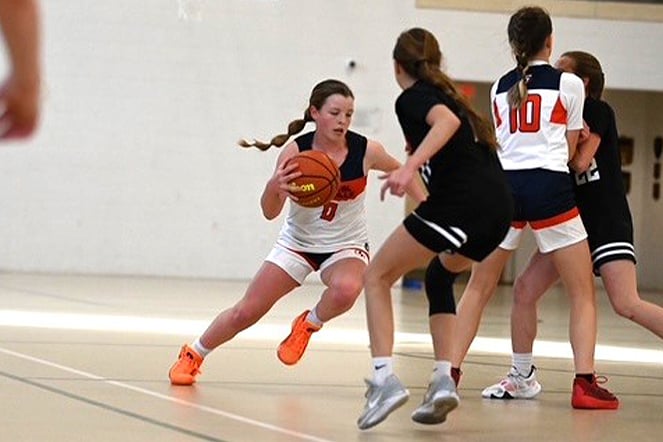 a basketball player playing against multiple opponents