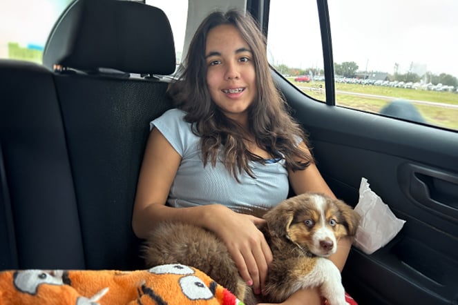 a sitting in a car with a puppy in her lap