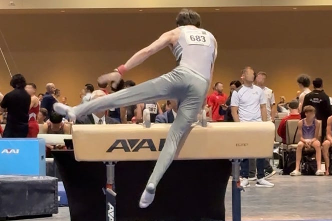 a gymnast performing on a pommel horse