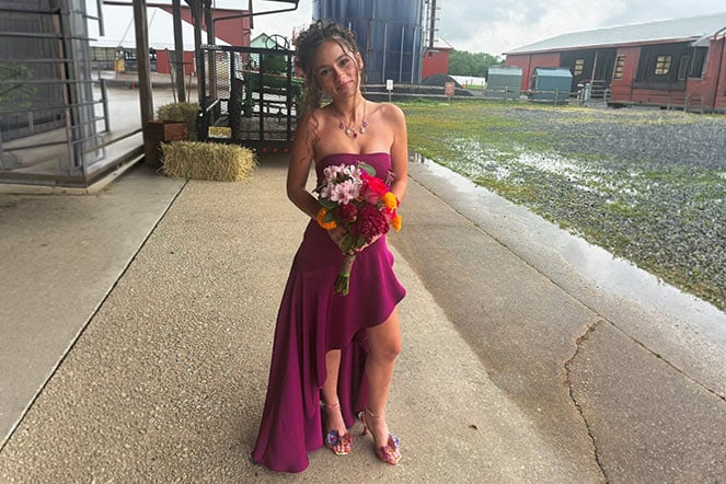 female teen toe walking patient wearing prom dress