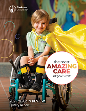 cover of 2025 quality and outcomes report; the most amazing care anywhere; 2025 year in review; patient with leg braces in a wheelchair wearing a superhero cape