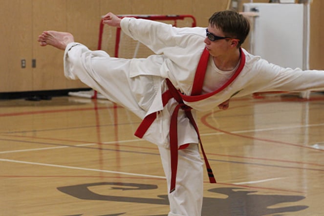 an older teenager wearing a traditional martial arts kimono performing a high kick 