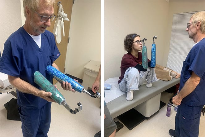 Danny holding prosthetics; Danny and patient Grace with prosthetics.