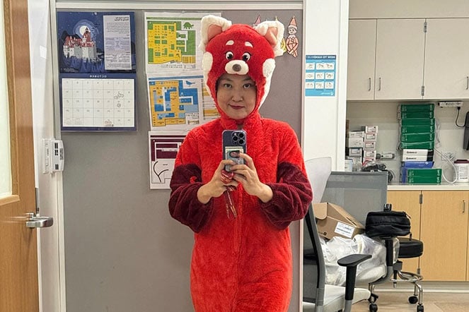 female physician wearing Halloween costume