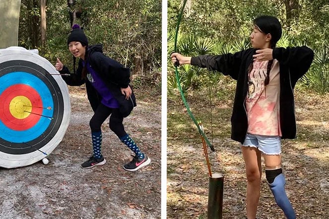 a side by side image of a child. The left side she is smiling next to an arrow at a target, the right side she is shooting the arrow