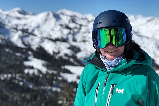 Jackie wearing skiing goggles