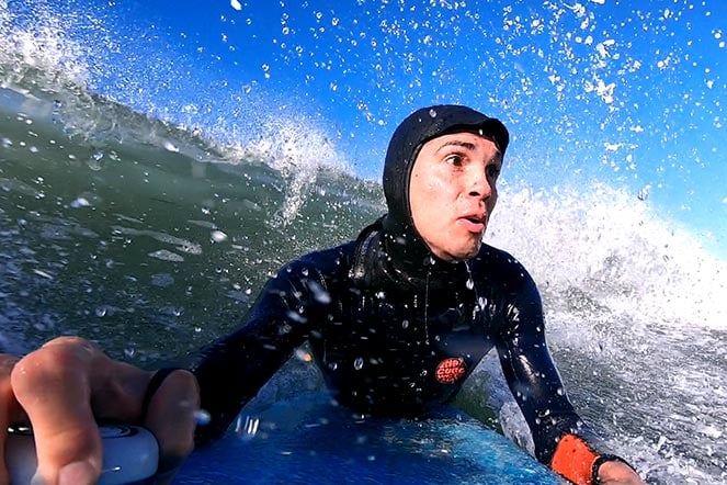 Jacob surfing, point of view from GoPro mounted on surfboard