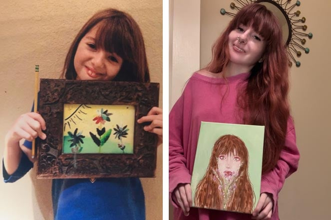 young Sadie and recent Sadie images, both holding artwork