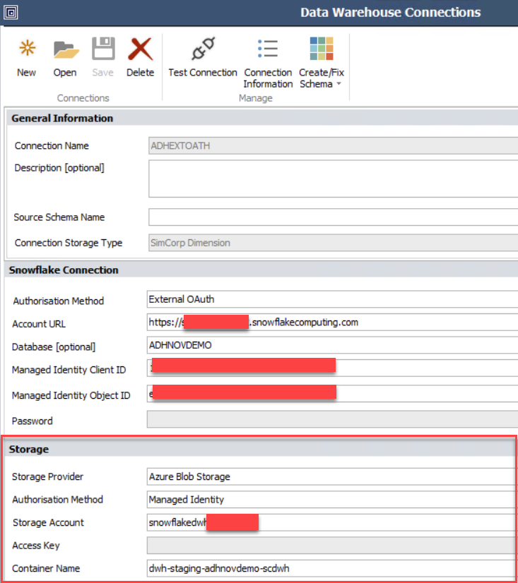 DWH Schema Connections Window with Managed Identity Storage Authentication
