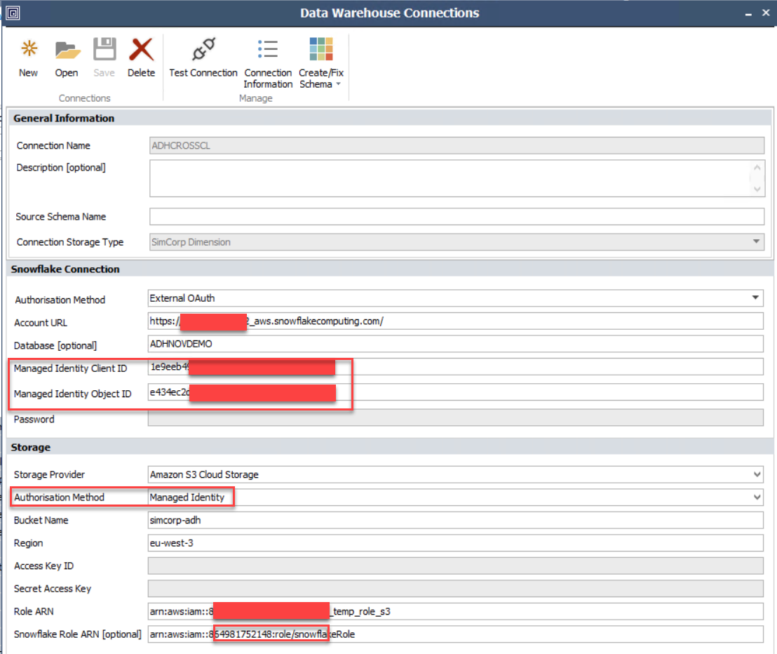 DWH Schema Connections Window with Managed Identity used to Connect to Snowflake and AWS S3 with Man