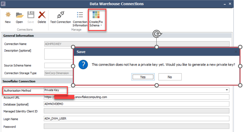 DWH Schema Connections Window with Private Key
