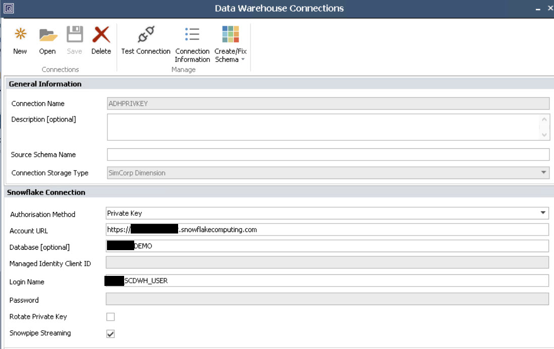 DWH Schema Connections Window with Snowpipe Streaming selected