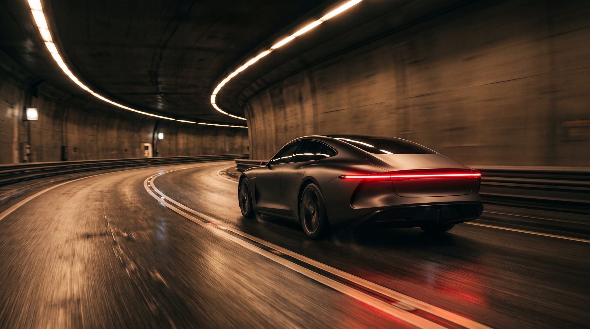 VELARO Aero sweeping through a coastal tunnel at dusk, tail light-bar glowing