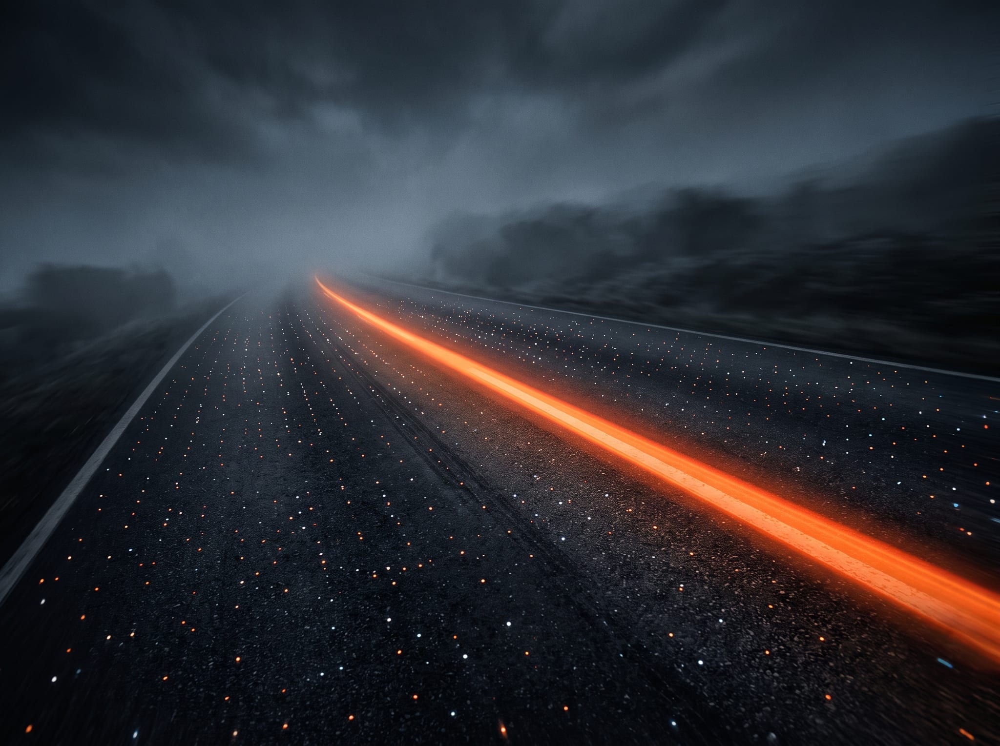 A dark road reading ahead through mist, a warm light-line tracing the path