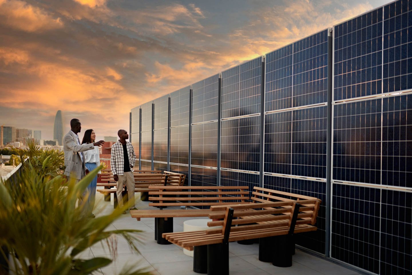 people looking at solar panel wall at sunset