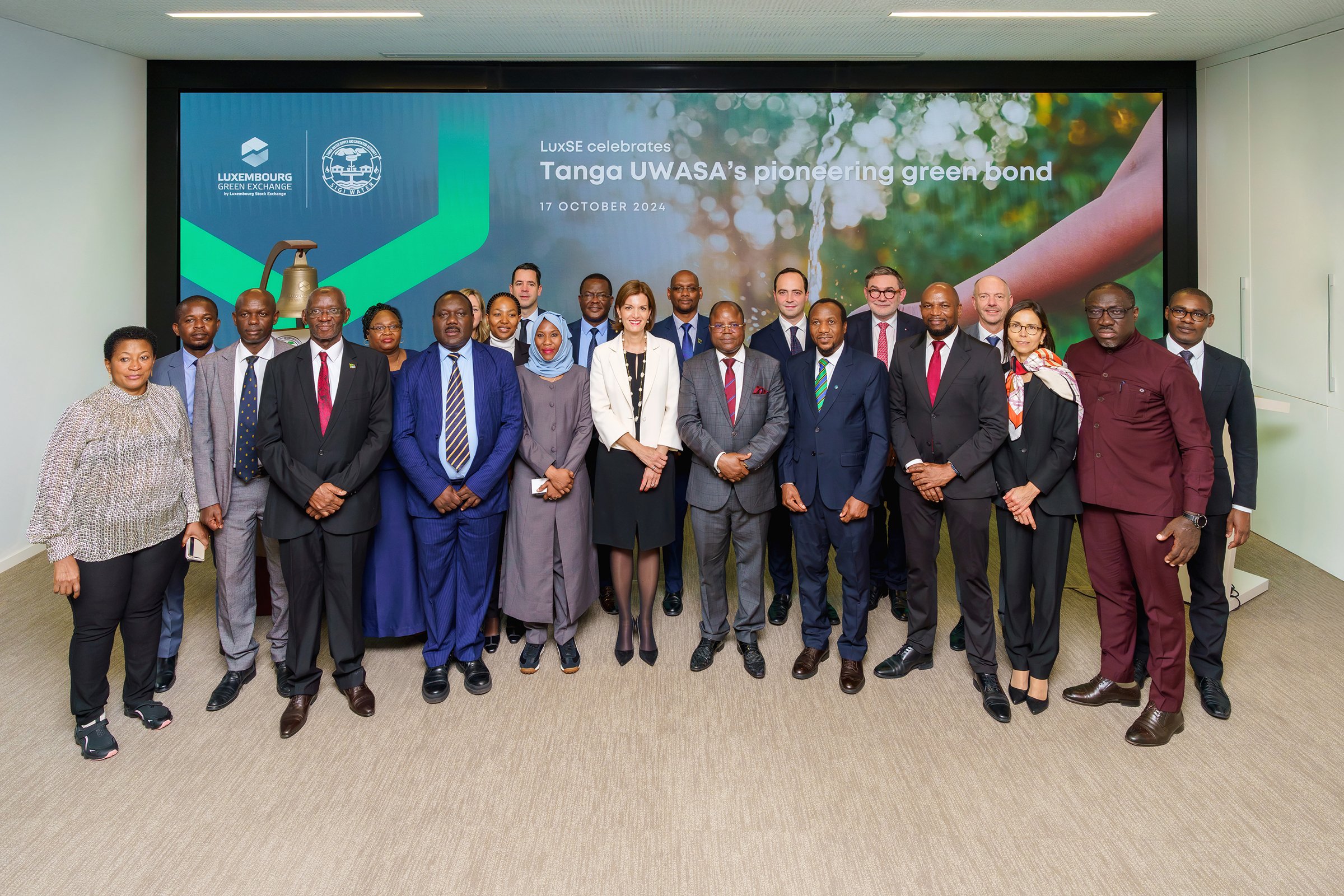 Picture of the Ring the Bell celebrating the listing of the Tanzania-based water authority’s pioneering green bond on LuxSE