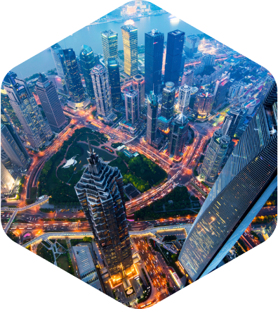 View from above over Shanghai financial district at night