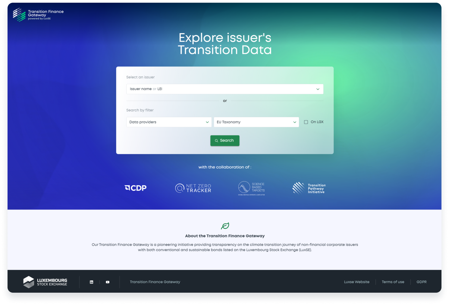 Screen shot of the Transition Finance Gateway