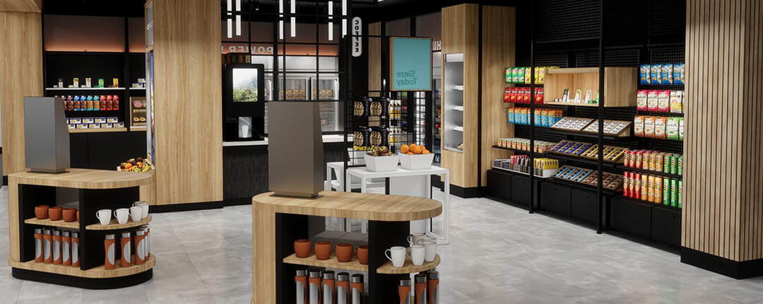 Modern micro market with wooden shelves displaying snacks, drinks, coffee supplies, and fresh fruit baskets.