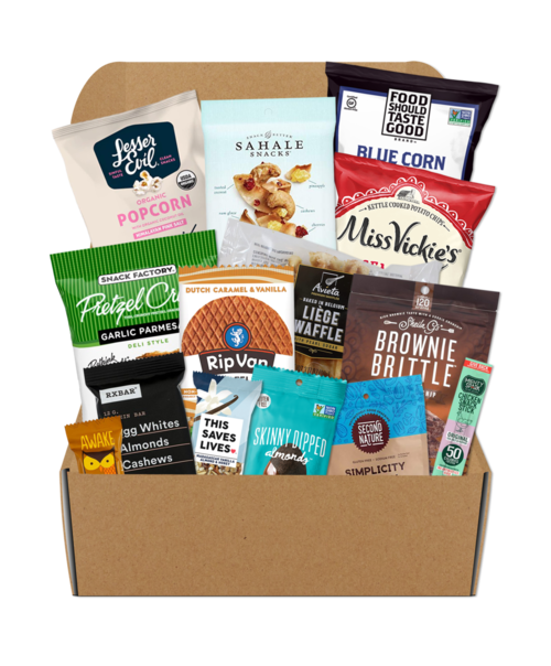 A snack box with an assortment of snacks.