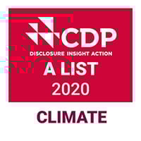CDP A List 2020 Climate badge with the CDP logo and text highlighting climate leadership.