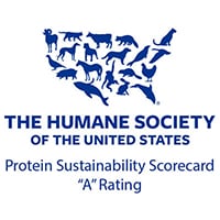 Humane Society of the United States logo with animal silhouettes and text noting an “A” rating for protein sustainability.