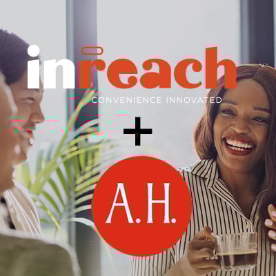 InReach logo displayed alongside the A.H. logo over a workspace scene where three people are smiling and conversing in a bright indoor setting.