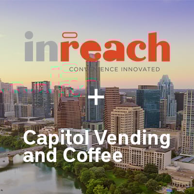 City skyline with the InReach logo and the text Capitol Vending and Coffee, representing a business acquisition or partnership above an urban waterfront.
