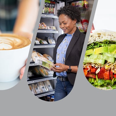 Collage showing a cup of coffee, a person selecting packaged food from a refrigerated display, and a close-up of a fresh sandwich with vegetables.