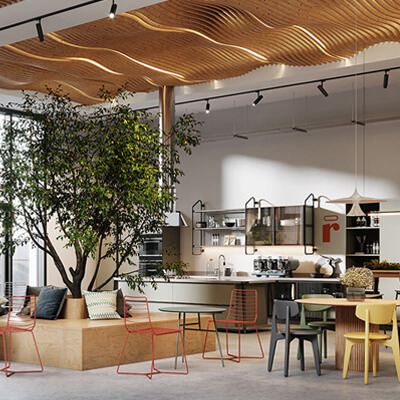 Modern open space with a central tree, colorful chairs, wooden accents, large windows, and a kitchen area with shelves, coffee machines, and pendant lights.