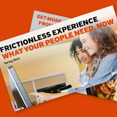 People looking at a computer screen on a cover titled 'Frictionless Experience' against an orange background.