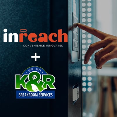 InReach and K R Breakroom Services logos shown alongside a vending machine keypad, with a hand pressing a selection button to represent a business partnership.