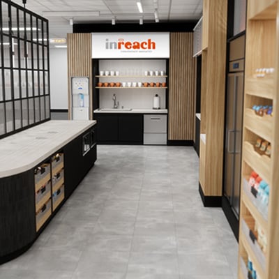 Modern office pantry with a coffee station, shelves stocked with cups and snacks, a water dispenser, and a sleek design featuring wood and black accents.