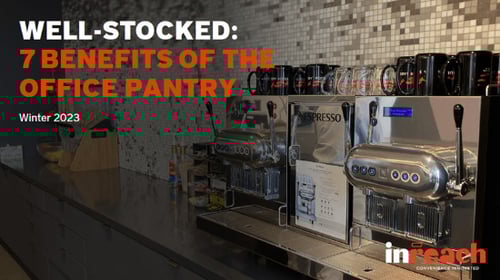 Office pantry counter with two espresso machines, cups, and supplies under a title about benefits of a well‑stocked pantry.