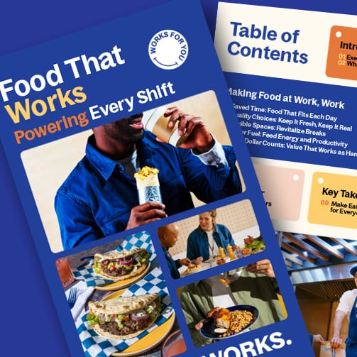 Brochure titled 'Food That Works: Powering Every Shift' featuring meal photos, people eating, and a Table of Contents.